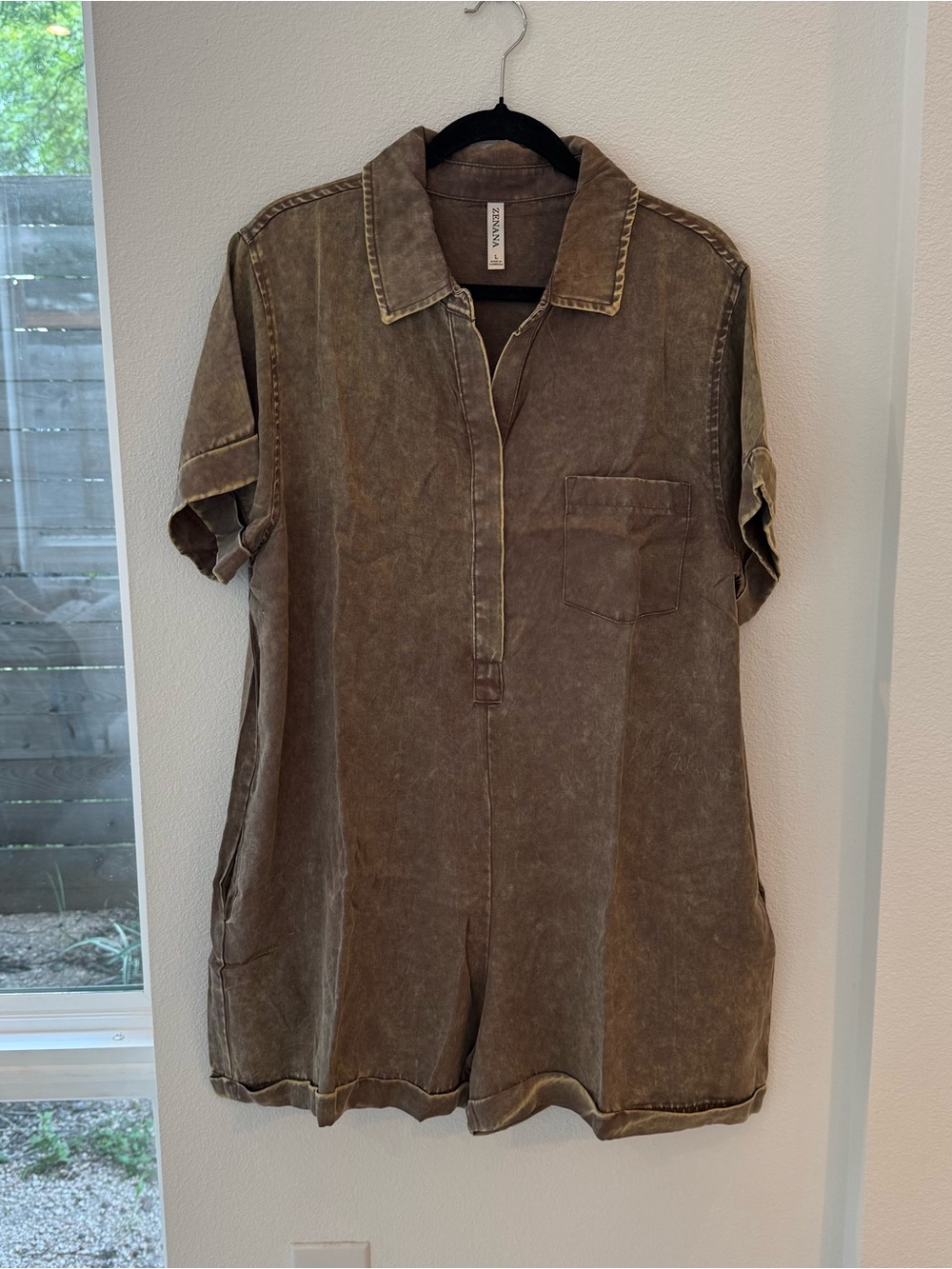 🆕 Zenana Outfitters Olive-Tone Washed Button Front Romper
